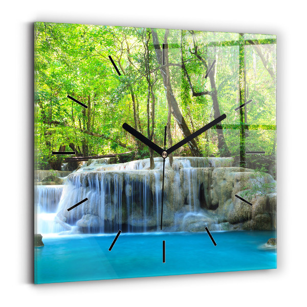 Square glass wall clock Waterfall in the forest