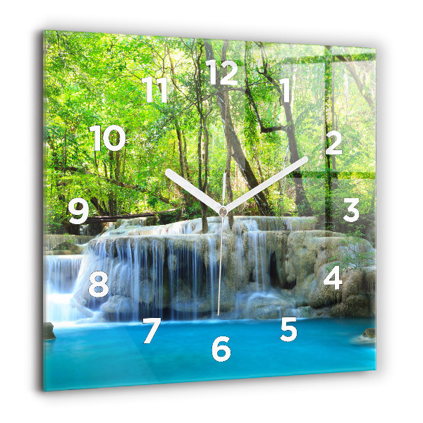 Square glass wall clock Waterfall in the forest