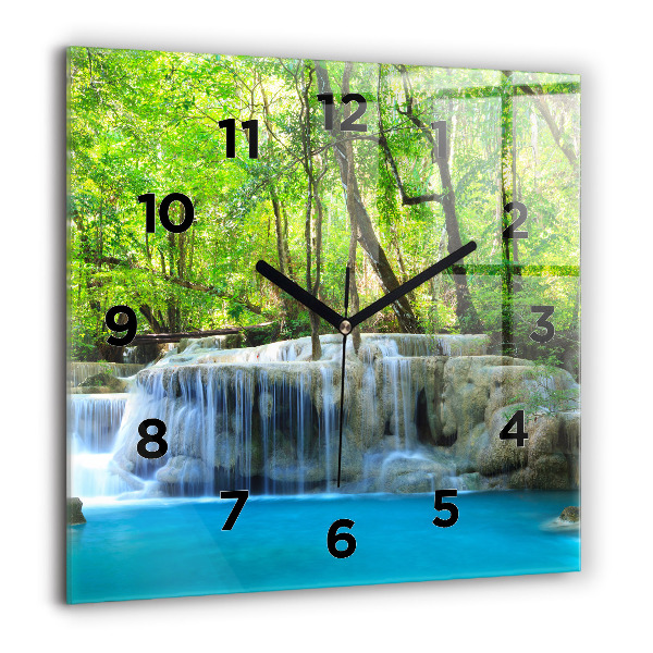 Square glass wall clock Waterfall in the forest