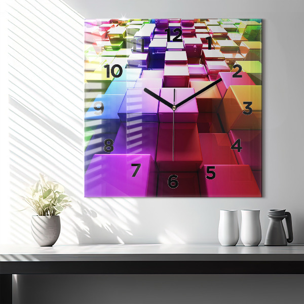 Square glass wall clock Colored cubes