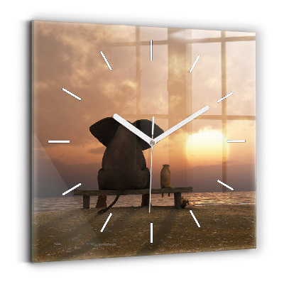 Square glass wall clock Animals and sunset