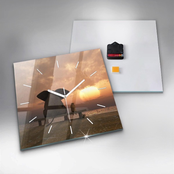Square glass wall clock Animals and sunset