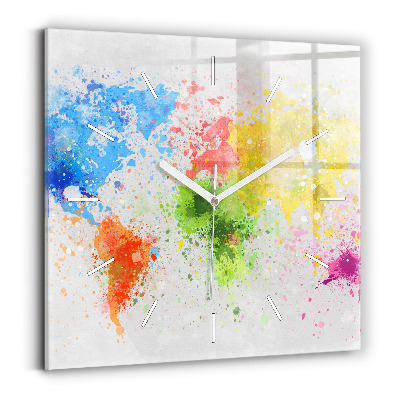 Square glass wall clock World map on paper