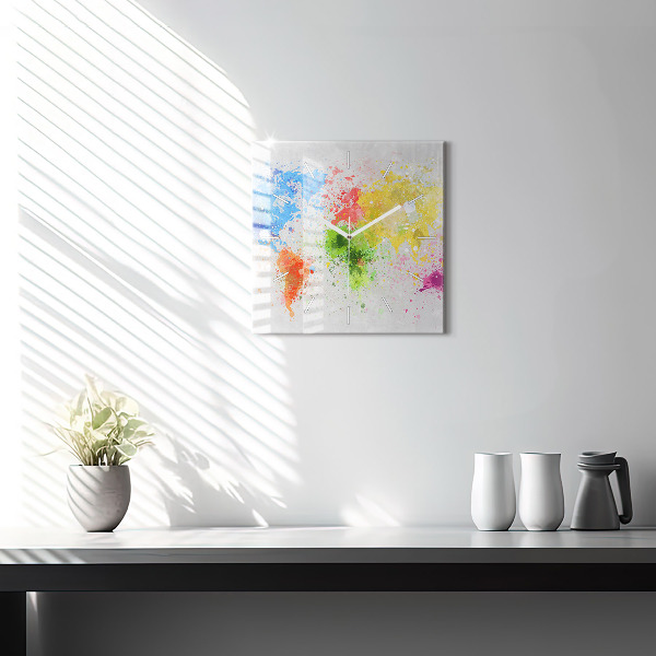Square glass wall clock World map on paper