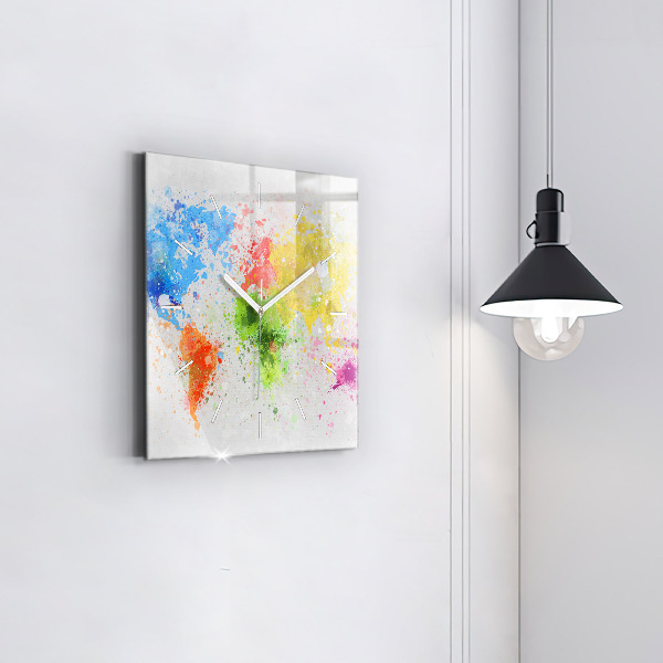 Square glass wall clock World map on paper