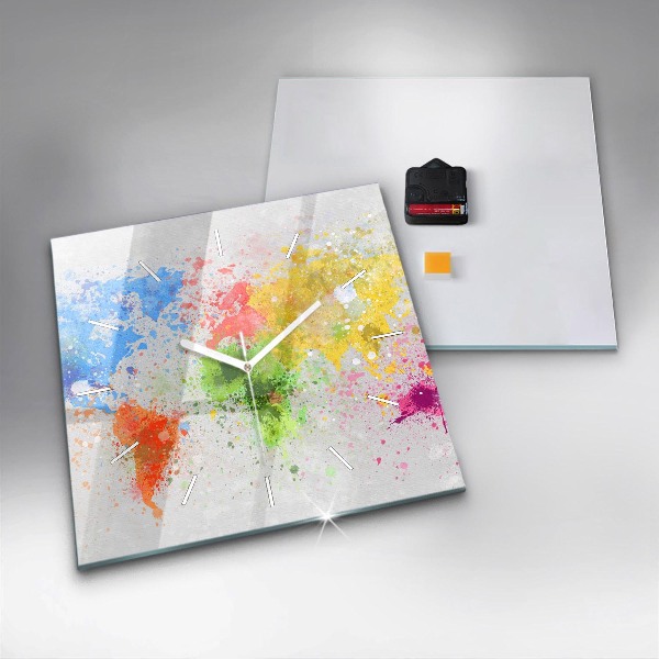 Square glass wall clock World map on paper