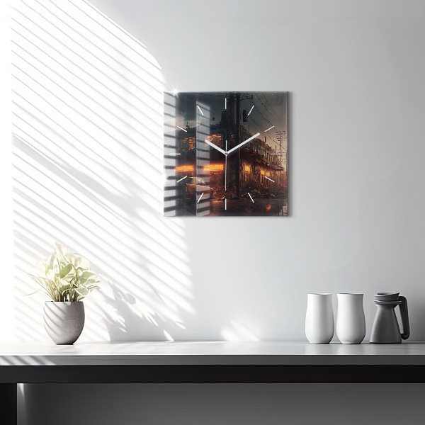 Square glass wall clock Apocalyptic building