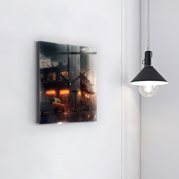 Square glass wall clock Apocalyptic building