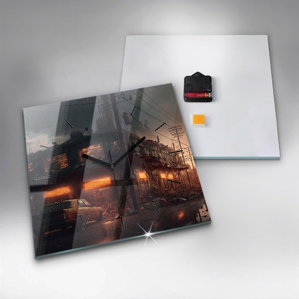 Square glass wall clock Apocalyptic building