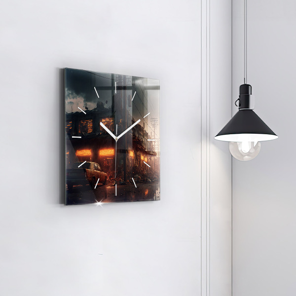 Square glass wall clock Apocalyptic building