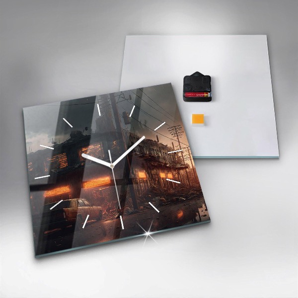 Square glass wall clock Apocalyptic building