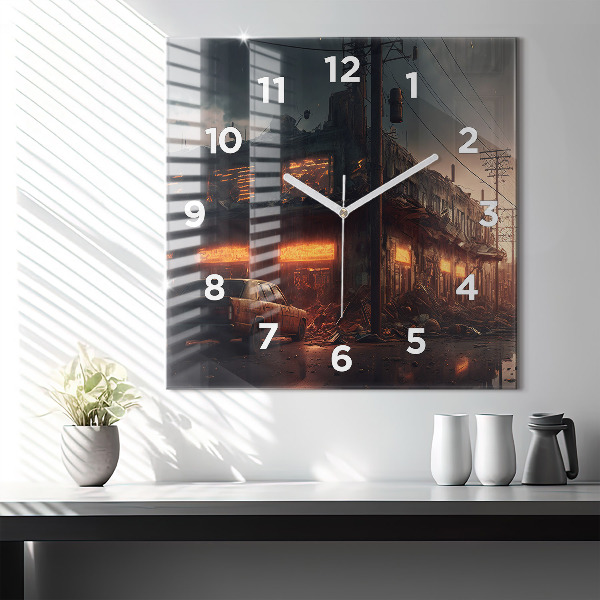 Square glass wall clock Apocalyptic building