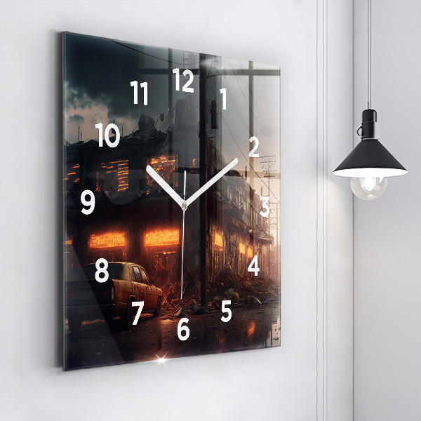 Square glass wall clock Apocalyptic building