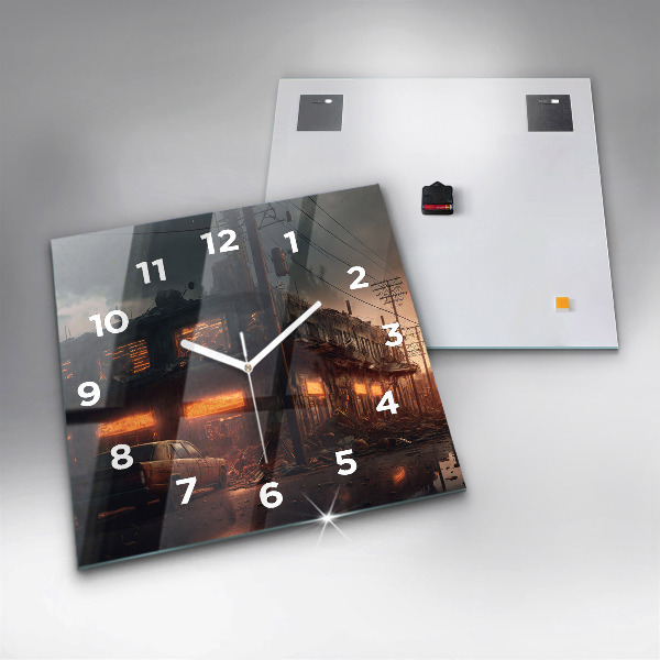 Square glass wall clock Apocalyptic building