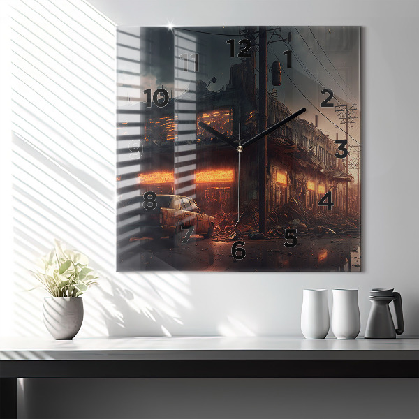 Square glass wall clock Apocalyptic building