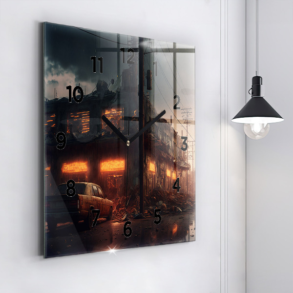 Square glass wall clock Apocalyptic building