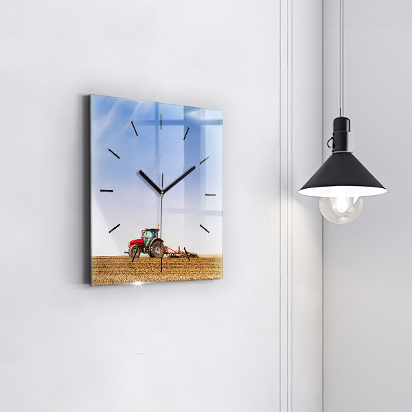 Square glass wall clock Farmer on a tractor