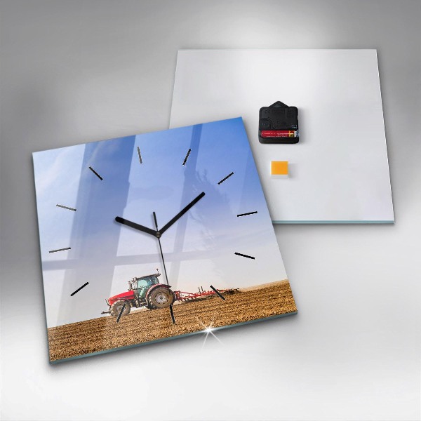 Square glass wall clock Farmer on a tractor