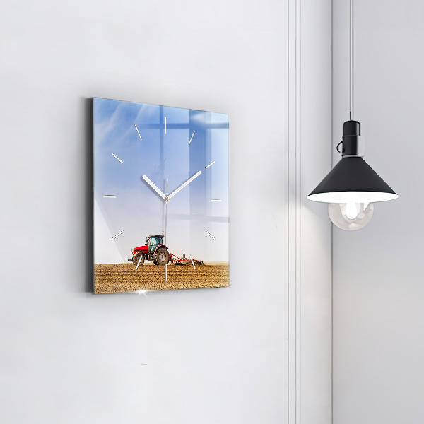 Square glass wall clock Farmer on a tractor