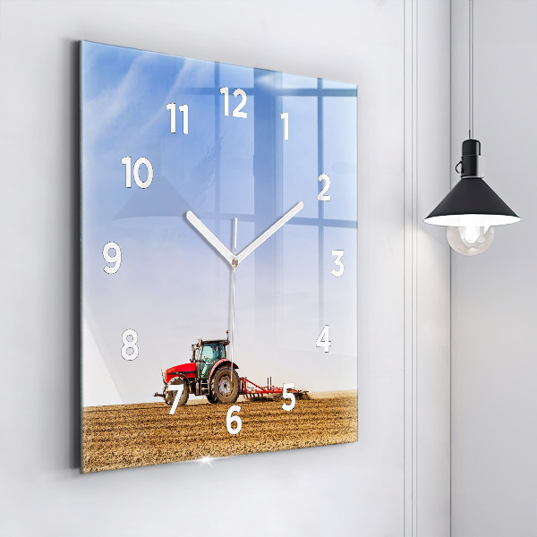 Square glass wall clock Farmer on a tractor