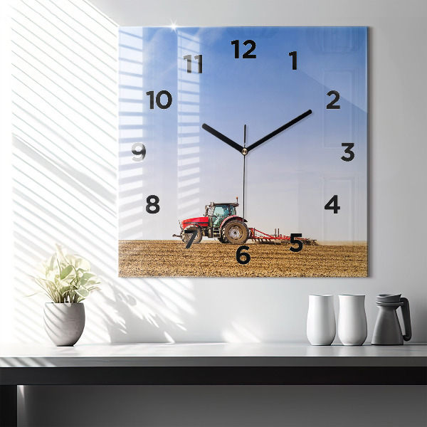 Square glass wall clock Farmer on a tractor
