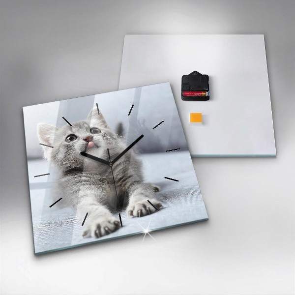 Square glass wall clock Cat on the couch