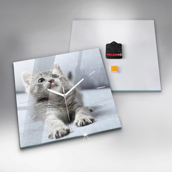 Square glass wall clock Cat on the couch