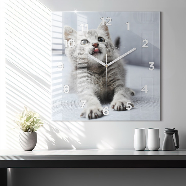Square glass wall clock Cat on the couch