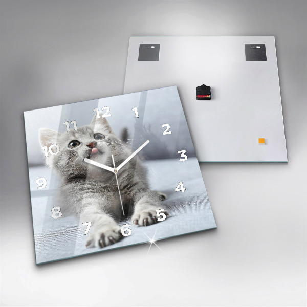 Square glass wall clock Cat on the couch