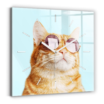 Square glass wall clock Funny cat with glasses