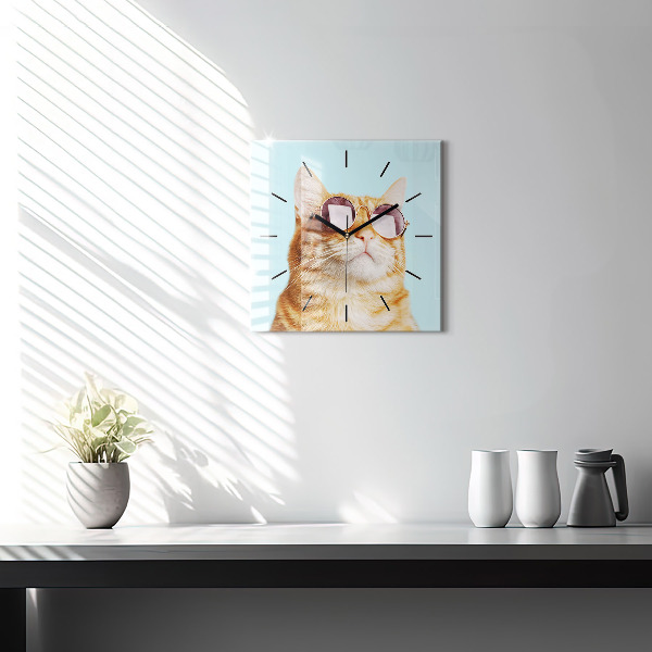 Square glass wall clock Funny cat with glasses