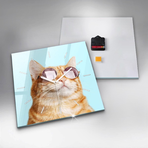 Square glass wall clock Funny cat with glasses
