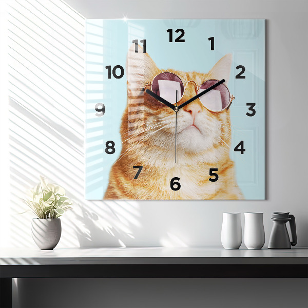 Square glass wall clock Funny cat with glasses
