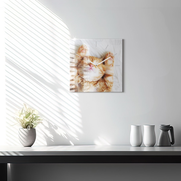 Square glass wall clock Sleeping little kitten