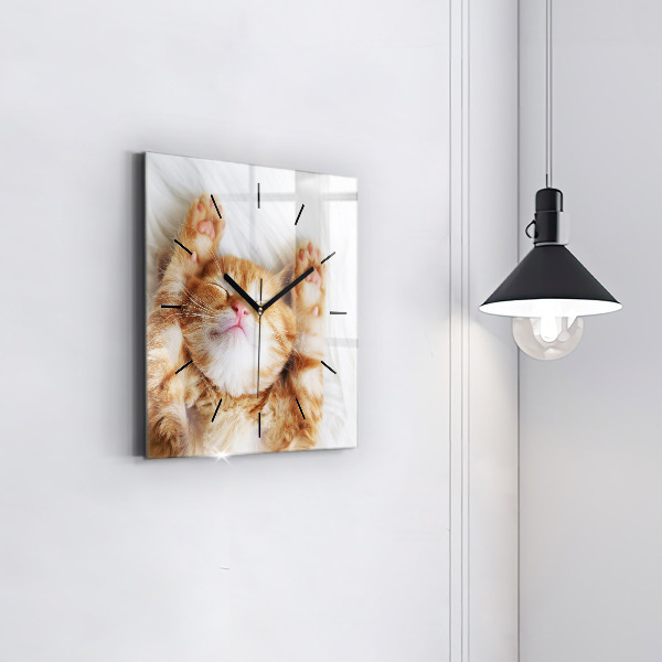 Square glass wall clock Sleeping little kitten