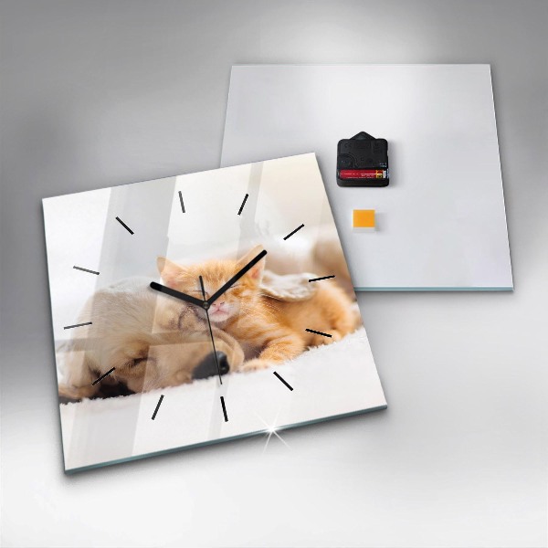 Square glass wall clock Sleeping cat and dog