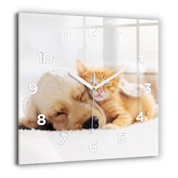 Square glass wall clock Sleeping cat and dog