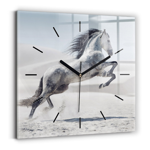 Square glass wall clock Galloping white horse