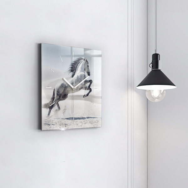 Square glass wall clock Galloping white horse