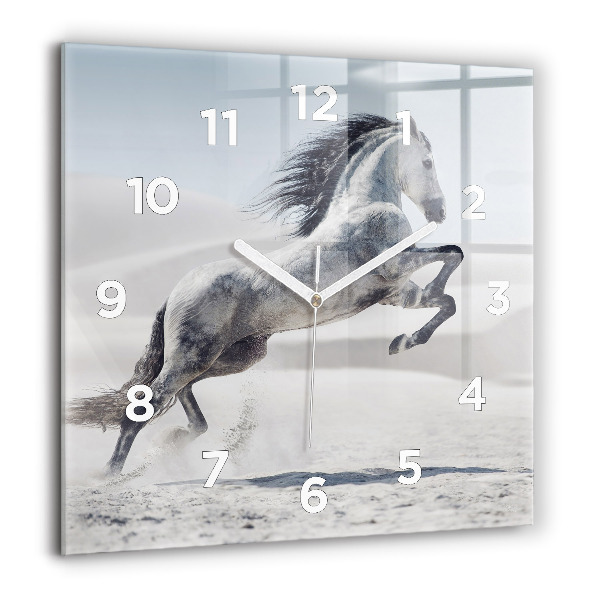 Square glass wall clock Galloping white horse