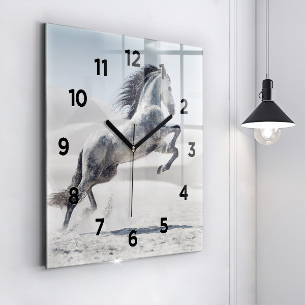 Square glass wall clock Galloping white horse