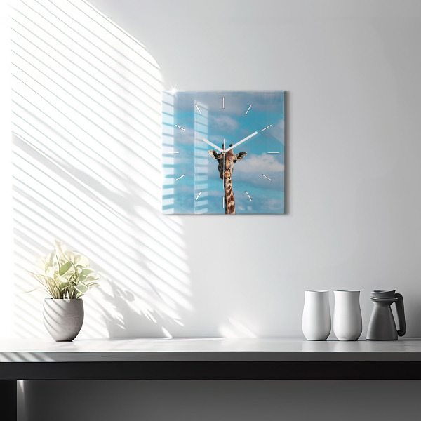 Square glass wall clock Giraffe head against the sky