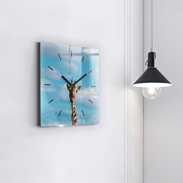 Square glass wall clock Giraffe head against the sky