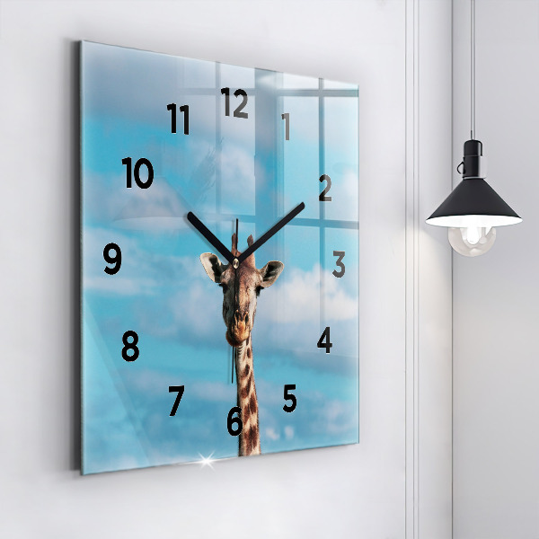 Square glass wall clock Giraffe head against the sky
