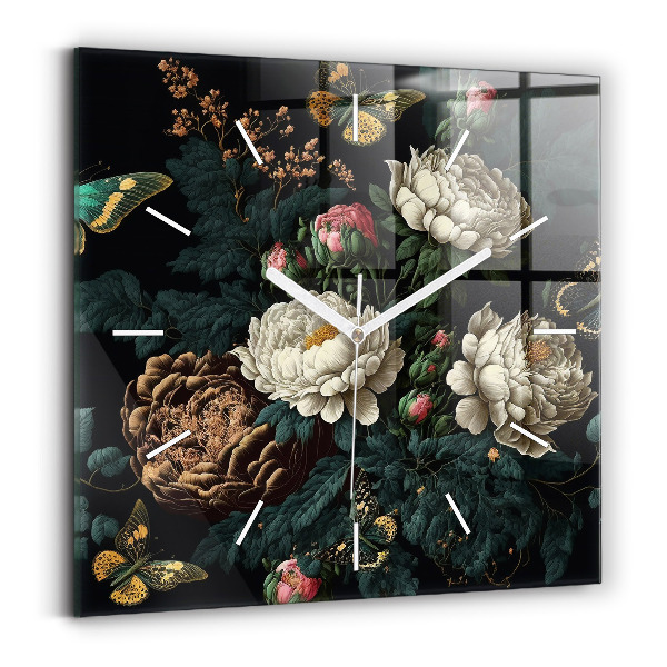 Square glass wall clock Flower and golden butterflies