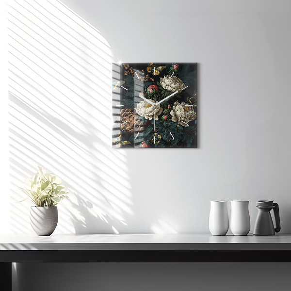 Square glass wall clock Flower and golden butterflies