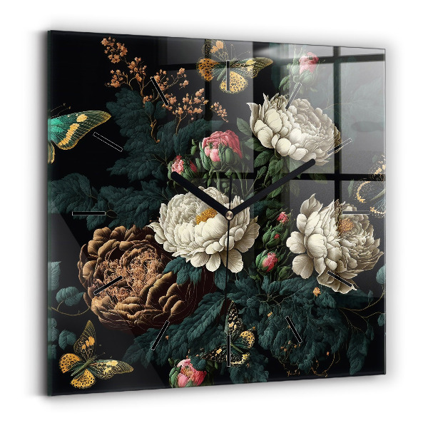 Square glass wall clock Flower and golden butterflies