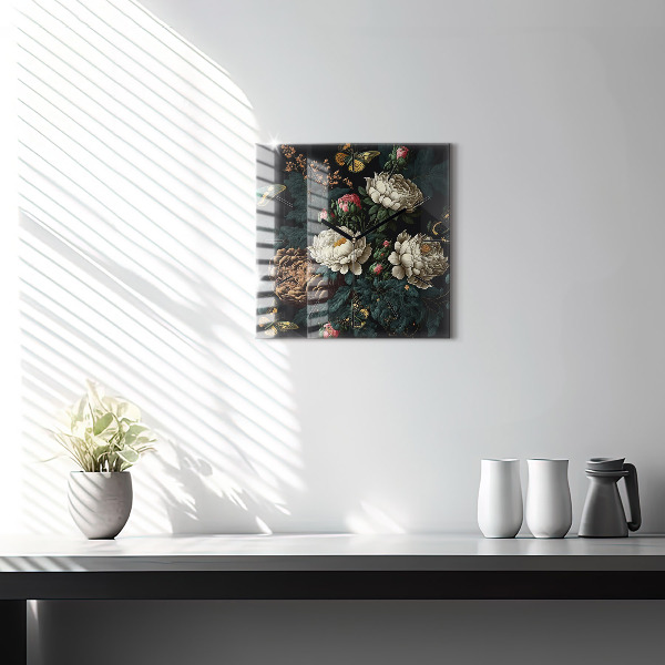 Square glass wall clock Flower and golden butterflies
