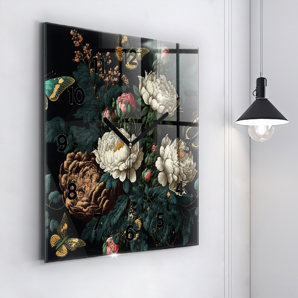 Square glass wall clock Flower and golden butterflies