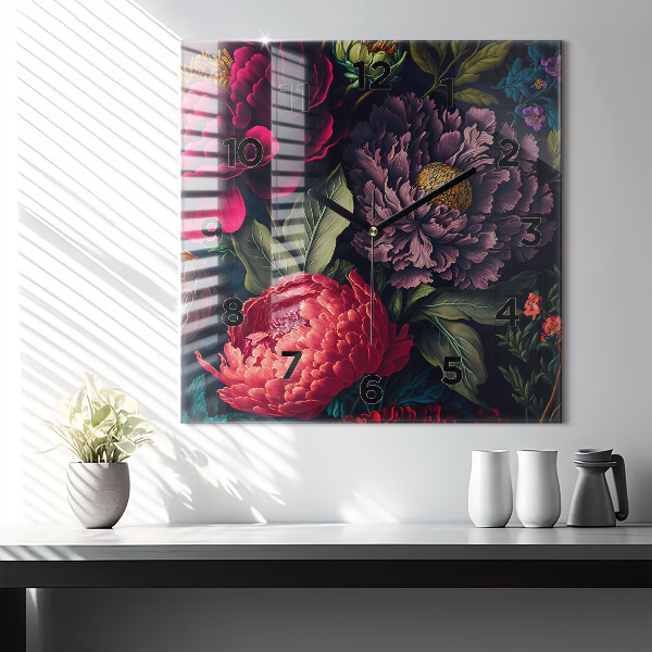 Square glass wall clock Vintage flower bouquet